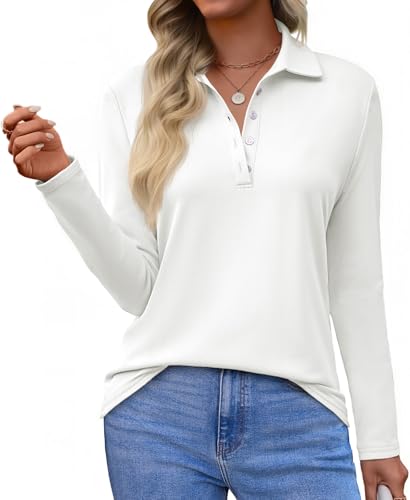 Tankaneo Womens Long Sleeve Polo Shirts Business Work Casual V Neck Collared Tops Button Down Loose Fit Tees Shirts