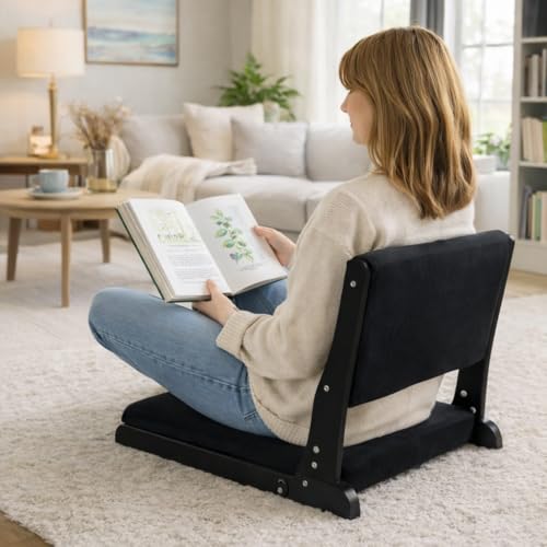 Image of HollyHOME Foldable Tatami Chair, Upholstered Japanese Style Floor Seat, Wood Legless Back Rest With Cushion, Accent Meditation for Bay Window, Living Room, Bedroom, Black