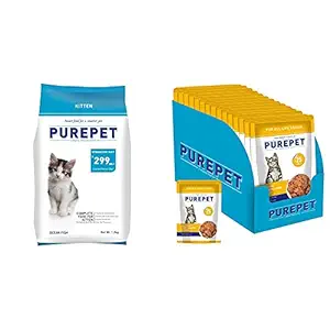 Purepet Ocean Fish Kitten Cat Food, 1.2kg & Wet Cat Food, Real Tuna and Chicken Liver in Gravy, 15 Pouches (15x70g)