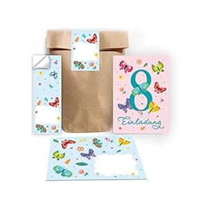 Junapack Lot de 12 cartes d’invitation pour 8e anniversaire d’enfant Motif papillons avec 12 enveloppes et 12 sachets…