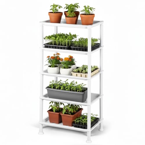 RooTrimmer 5-Tier Seed Starter Trays Plant Stand with Bottom-Watering DesignShelf for Indoor Outdoor Seedling Sprouting Greenhouse Space-Saving for Small Cell Trays & Nursery Pots White