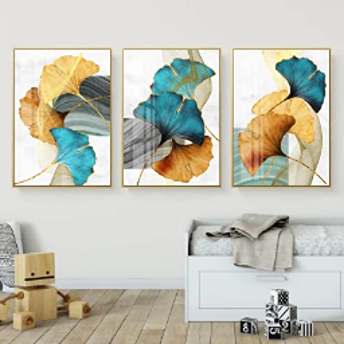 Toile peinture imprime plante or triptyque abstrait 50x70cm haute définition