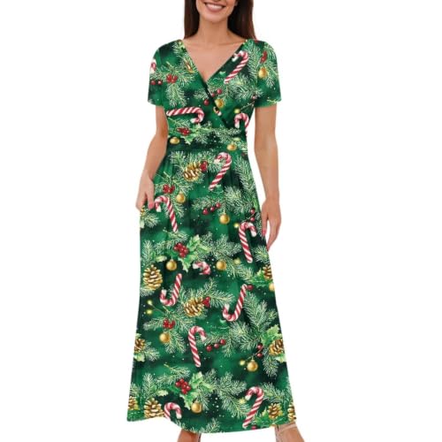 Image of Women's Fall Summer Short Sleeve Ankle Length V-Neck Party Dress with Pockets Size S-3XL
