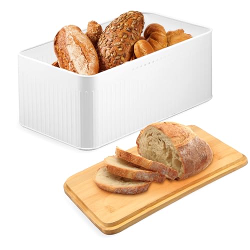 Panera con tapa de bambú que se puede utilizar como tabla de cortar, contenedor de pan de metal transpirable de 13 x 7 x 5.3 pulgadas, almacenamiento multifuncional para cocina en casa (A)