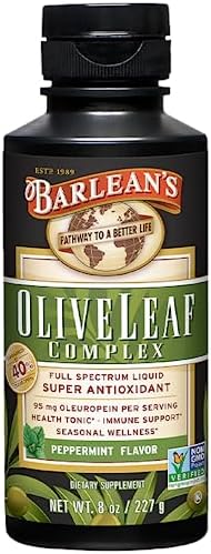 Barlean's Peppermint Olive Leaf Complex Liquid Immune Support Supplement with 95mg Oleuropein Antioxidants for Seasonal Wellness, Heart Health, & Immune System Booster, 8 Ounce
