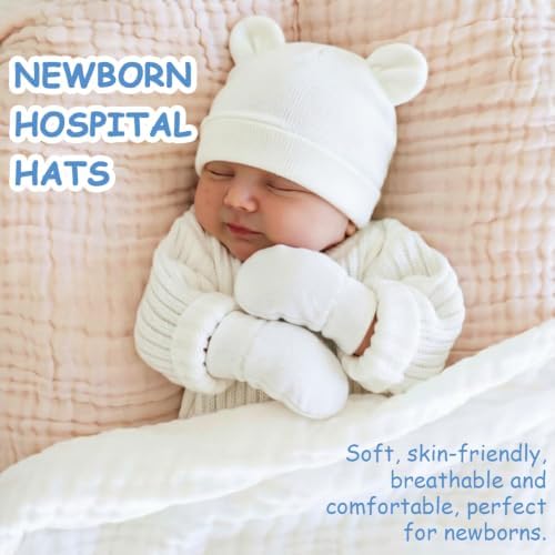 BQUBO Newborn Baby Hats Bear Ears and Mittens Sets Preemie Cotton Caps Baby Boy Girl Infant Hospital Beanie for 0-3 Months