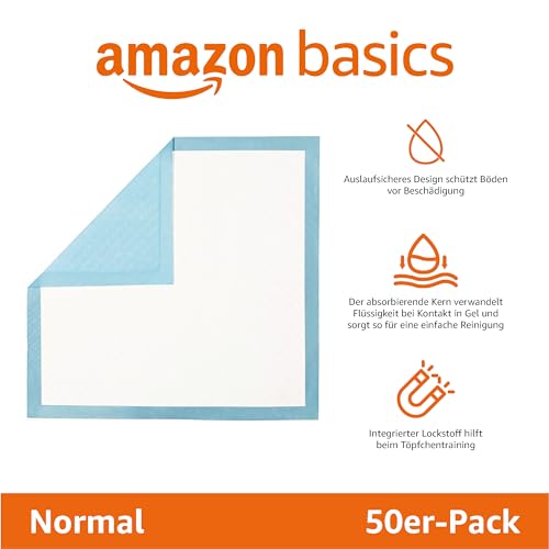 Amazon Basics Strapazierfähige Trainingspads für Hunde und Welpen, auslaufsicheres Design mit schnell trocknender Oberfläche, 50 stück (1 erPack), Blau/Weiß