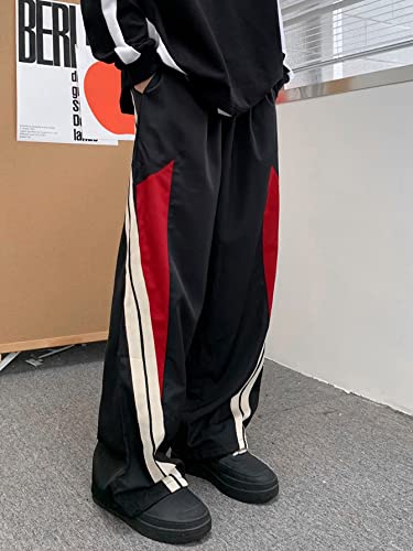 OYOANGLE Men's Colorblock Drawstring Waist Straight Wide Leg Baggy Pants with Pocket3