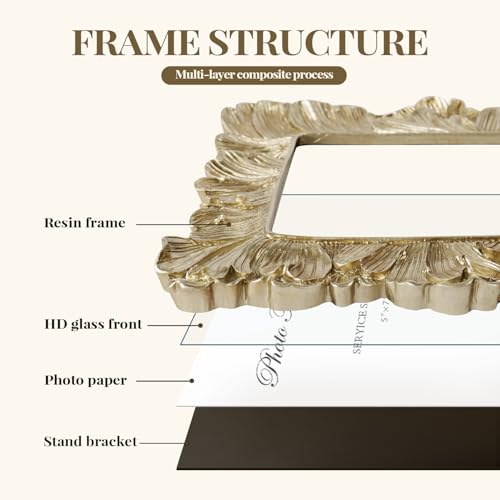 Gold 5x7 Picture Frame, Vintage Gold Palm Leaves Textured Hand-Crafted Resin with Glass Front Elegant Retro Vintage Design Photo Frame for Wall and Tabletop Display Home Decor