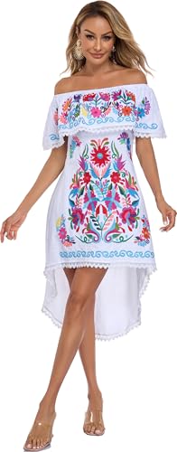 Image of YZXDORWJ Women's Mexican Asymmetrical Dress Embroidered Floral Off-Shoulder Cocktail Latina Fiesta Dress