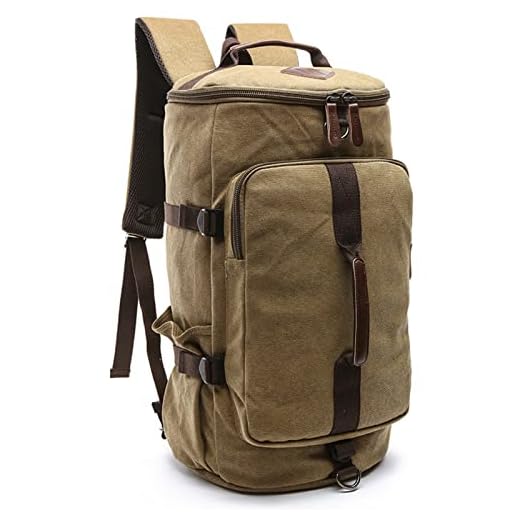 Camping Ryggsäck Duffel Canvas Ryggsäckar Stor militär Taktisk ryggsäck Utomhusresor Ryggsäck Bucket Bag Axelväska för Fiske Klättring Cykling Sport Skola Gym,Khaki,L