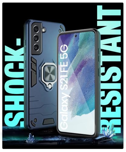 Image of WOW IMAGINE Shock Proof Back Case Mobile Cover for Samsung Galaxy S21 FE 5G | Back Cover Case (Tough Armor | Hybrid PC + TPU | Ring Holder & in-Built Kickstand | Blue)
