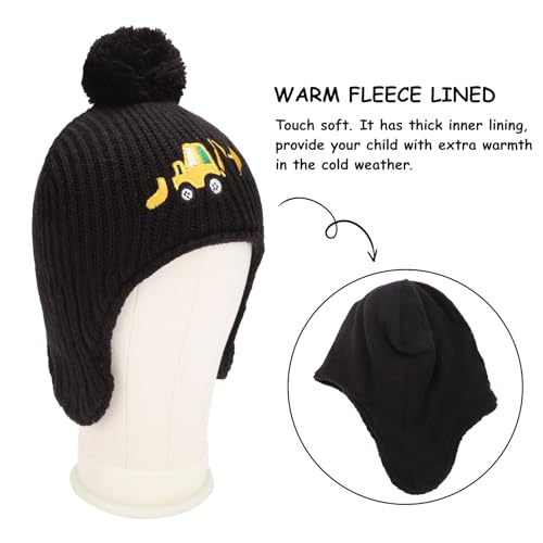 Toddler Winter Hat Baby Beanie with Earflap Warm Fleece Lined Embroidery Excavator Hats for Boys Kids3