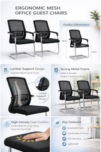 Image of MLU Ergonomic Mesh Office Guest Chair Set of 2 with Lumbar Support, Metal Cantilever Frame, Breathable Back, Cushioned Seat, Visitor /Conference Chair (Black)