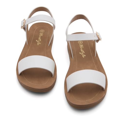 Image of Herstyle Flat Sandals for Women - Open Toe 1 Band Ankle Strap Summer Dressy Sandals, Lightweight Casual Strappy Slip-On Flats with Adjustable Buckle
