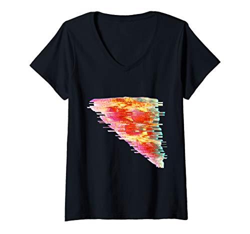 Womens Vaporwave Pepperoni Pizza Glitch Art - Pizza Lover & Fan V-Neck T-Shirt