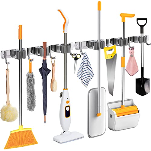 MOOING Porte Balai Mural, 2 Pièces Support Mural Balai Acier Inoxydable, Accroche Balai Mural avec 3 Emplacement 4 Crochet Pour Cuisine, Jardin, Salle de Bain, Garag（Gris）