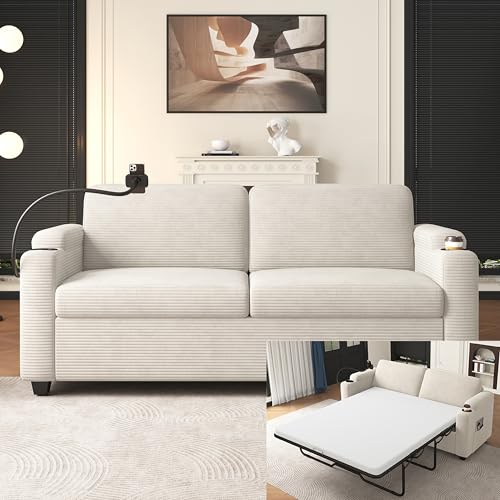 Image of ERYE 72-Inch 2 Seat Sofa Couches W /Foldable Full Size Memory Mattress Sleeper Bed, Functional Convertible Loveseat Sofa Striped Corduroy Upholstered Couch for Home Apartment