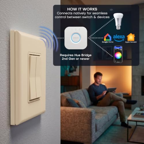Image of RunLessWire Click for Hue Battery-Free Wireless Switch 3 Pack Light Almond | Dimmable Kinetic Switch Pairs Natively to Philips Hue Bridge, 4 Programmable Buttons to Control Scenes & Areas, 100ft Range