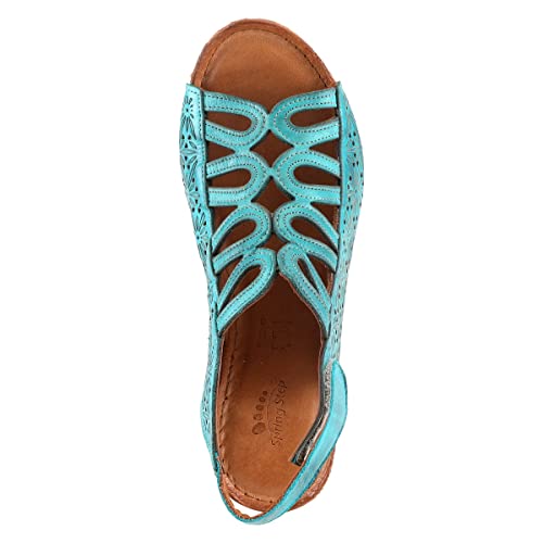 Image of Spring Step Inocencia Women's Leather Wedge Sandals | Low Heel Sandals for Women with Floral Laser Cut Design, Hook and Loop Strap, Mediterranean Style