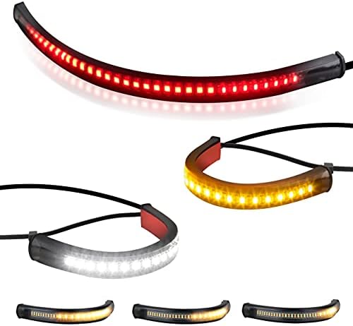 QUASCO Front Rear Motorcycle Led Turn Signals, Universal White Amber Fork Light Strip, Red Brake Tail Lights Compatible with Harley Cafe Racer Dual Sport Dirt Bike, Pack of 3