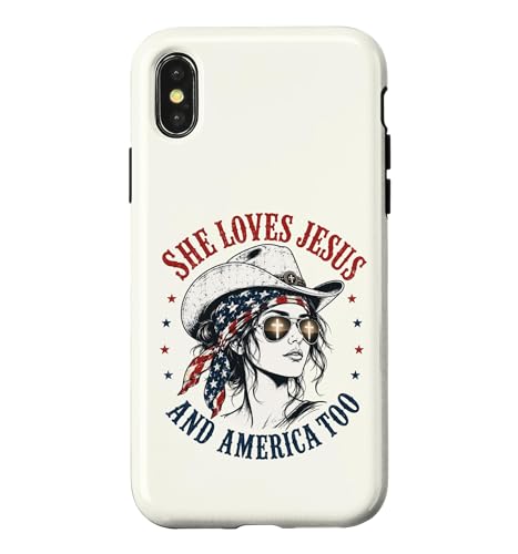 She Loves Jesus and America Too Cowgirl Flag 7��4�� USA �X�}�z�P�[�X iPhone X/XS �p