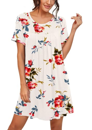 Image of PrinStory Nightgowns for Women Short Sleeve Night Gowns Pleated Sleep Shirt Ladies Nightshirt Soft Sleepwear