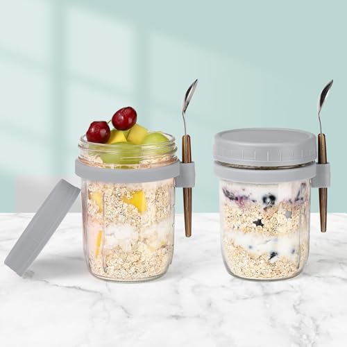 Image of PATZY 350 ml Oats Container With Lids And Spoon set of pc Glass Mason Jars For Overnight Oats Leak Proof Container with Measurment For Cereal Fruit Vegetable Milk Salad Yogurt (Multicolor) (1)