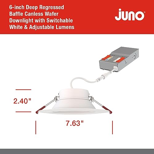 Image of Juno LED Recessed Lights 6 Inch Round Wafer Downlight, 5-in-1 Switchable White Color Temperature, Adjustable Brightness, Deep Regressed Baffled Trim, 6-Inch, Matte White