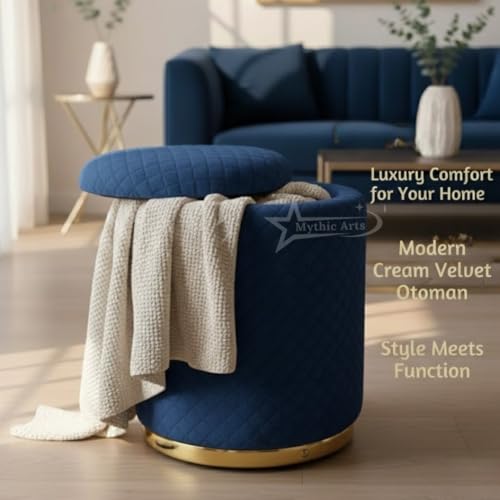 Image of Premium Round Storage Ottoman Stool 13 X 13X 16 inch, with Gold Metal Base | Luxury Pouffe with Hidden Storage | Cushioned Footrest for Living Room, Bedroom & Lounge Blue
