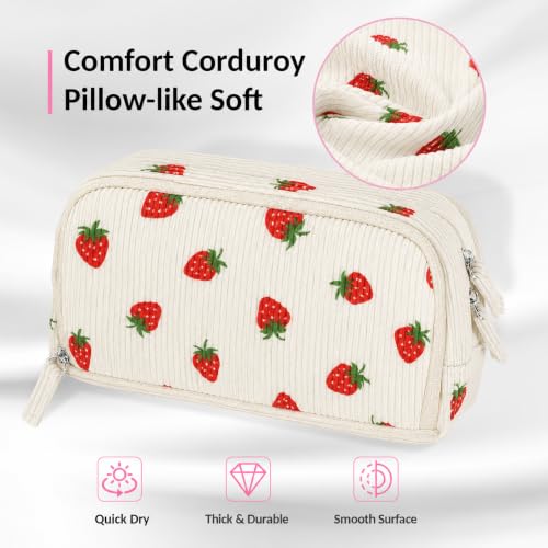 Image of Sooez Big Capacity Pencil Case Pen Pouch, Soft Corduroy Pencil Bag with 3 Compartment, Multiple Pockets, Sturdy Zipper, Cute School Supplies Pen Bag Organizer For Teen Girls-Strawberry