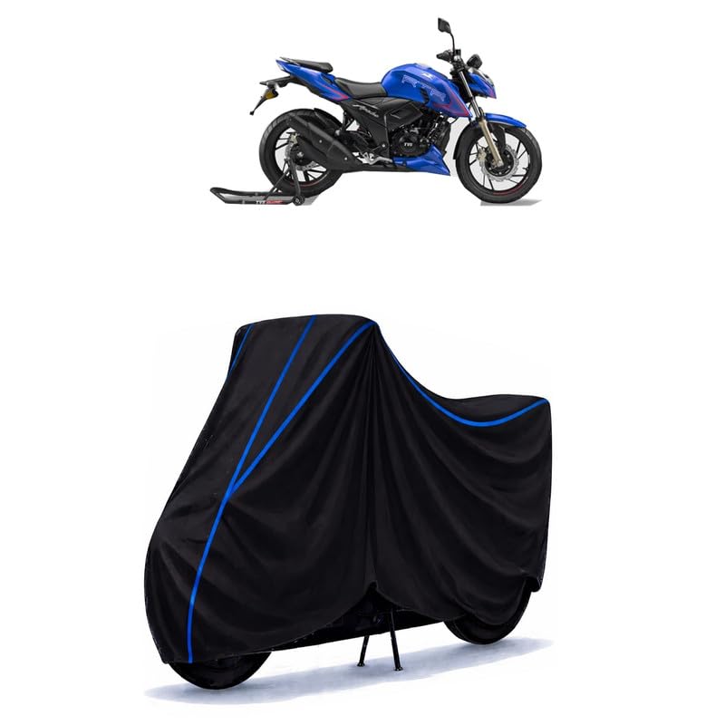 Image of TVS Apache RTR 200 Bike Cover Water Resistant Universal Motorcycle Rain | Heavy Duty UV Protection, Dust, Scratch Indoor Outdoor All Weather with Black Blue Piping Elastic