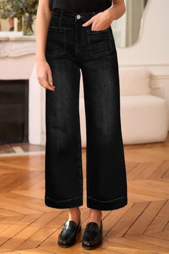 Allimy Women's High Waisted Cropped Wide Leg Jeans Stretchy Loose Denim Pants with Front Patch Pockets2