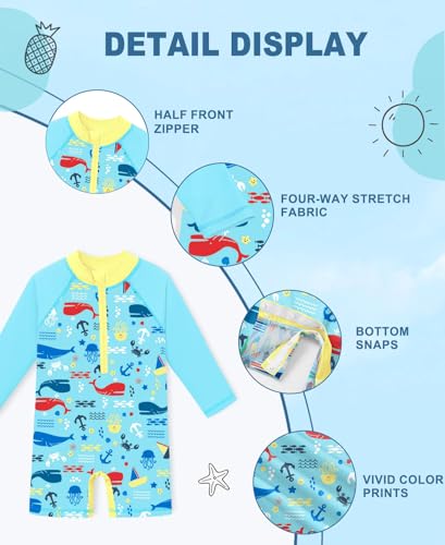 Image of BesserBay Baby Boy Swimsuit UPF 50+ Zip Front Long Sleeve Snaps Bottom One Piece Rash Guard 0-36 Months