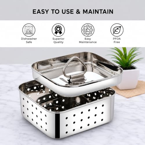 Image of Oil Storage Can Strainer-Container-Bacon Grease Keeper - Stainless Steel - 5 Cups (Paneer Maker)
