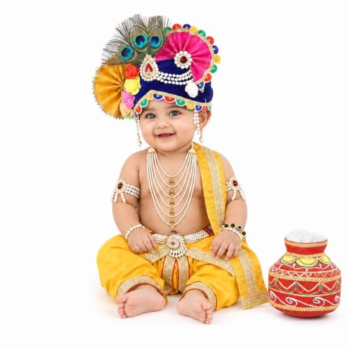 Image of Raj Fancy Dresses Krishna Dress for Kids, Baby Krishna Dress for Janmashtami with Krishna Mukut, Peacock Feather & Flute Embroidered Krishna Costume for Girl & Boy, 3 Months-8 Years
