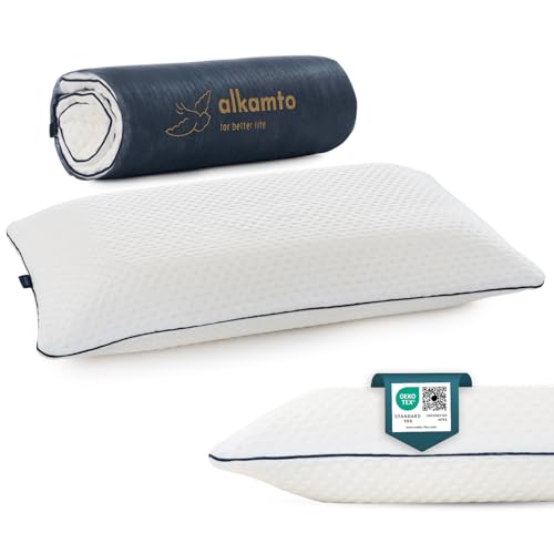 alkamto Memory Foam Kopfkissen 70x45 cm – Ergonomisches Nackenstützkissen – Oeko-Tex Zertifiziert – Thermoregulierender Bezug – Hypoallergen & Waschbar – Für Rücken- & Seitenschläfer