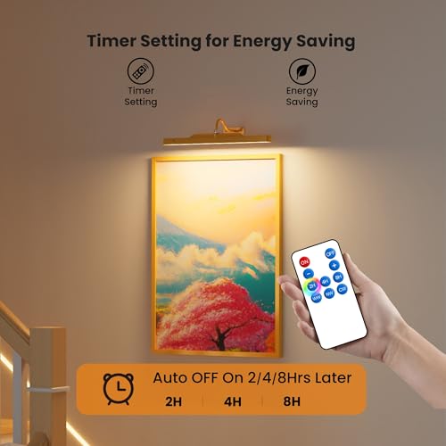 Picture Light Battery Rechargeable, 3Pack Picture Light for Wall with Remote, 3 Color Modes and Dimmable Classic Art Lights for Paintings, Pictures in Gallery, Bedroom, Bathroom with Timer Brass