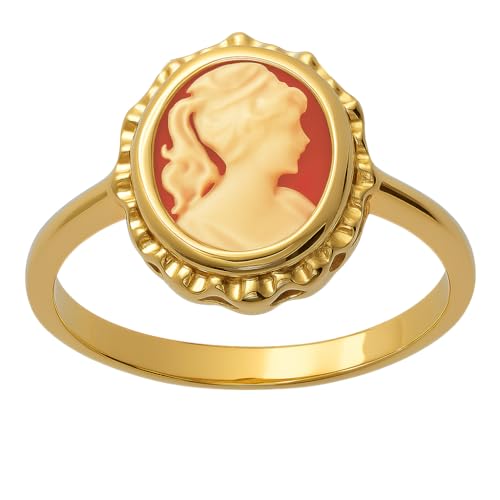 Bague Camée Rouge/Orange Femme Plaqué OR 18K – Bijou Rétro Cameo Résine Profil Classique – Bague Vintage Statement Hypoallergénique