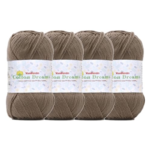 Image of Vardhman 100% Cotton Dreamz Light Weight Natural Thin Yarn | Pack-4 100g | Knitting & Crochet Projects | Soft Natural Yarn | Ideal for Garments, Summer Wear & Accessories | Light Brown, CJM011 P4