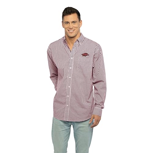 Vantage Apparel Men's Collegiate Easy-Care Long Sleeve Gingham Check Button Down Shirt, Arkansas Razorbacks, Maroon, Large