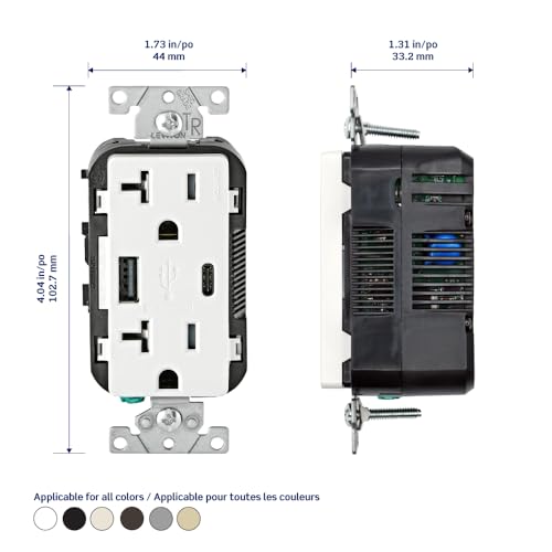 Image of Leviton Type A & Type-C USB in-Wall Charger with 20A Tamper-Resistant Outlet, USB Charger for Smartphones and Tablets. Not for Laptops, T5833-B, Brown