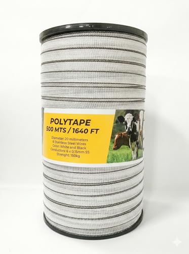 TRAE Electric Fence Polytape 1640 Feet (500 Meters) 20mm Wide | 6 Stainless Steel Conductors for High Conductivity & Rust Resistance | UV-Resistant Electric Fence Tape for Horses Cattle & Livestock