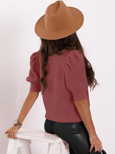 Image of Womens Puff Short Sleeve Sweater Tops Square Neck Casual Knit Pullover
