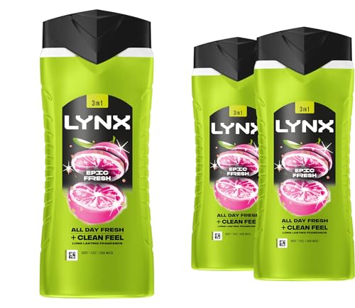 Image of Lynx 3-in-1 Shower Gel Epic Fresh 12 Hours of Long Lasting Refreshing Fragrance Body Wash with Plant-Based Moisturisers for Men for Naturally Soft Skin 500ml, 3 Pack