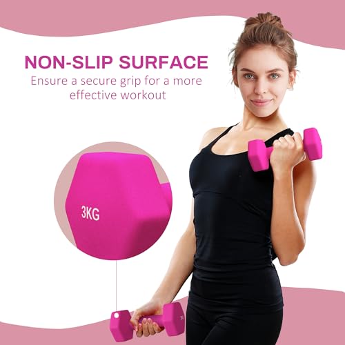 SPORTNOW Set of 2 Hex Dumbbells, Neoprene Weights Pair with Non-Slip Grip, Home Gym Fitness Training Equipment, 2 x 3kg, Pink - Image 4
