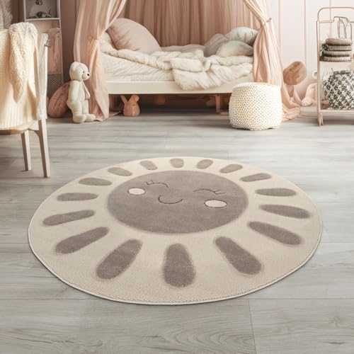 TT Home Kinderteppich Kinderzimmer Teppich Spielteppich Kurzflor Sonne Flauschig 3D, Farbe:Dunkelbeige Creme, Größe:120 cm Rund
