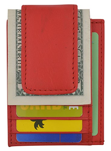 Genuine Leather Money Clip front pocket wallet with magnet clip and card ID Case (Red)