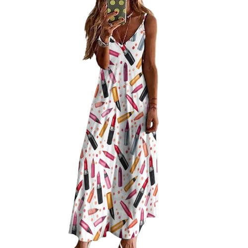 SDVD849DF Women Summer Dresses Casual V-Neck Cosmetics Lipstick Eye Shadows