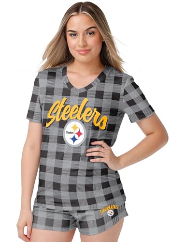 FOCO NFL Pittsburgh Steelers Womens Checkered Pajama Shorts Set- Large Black